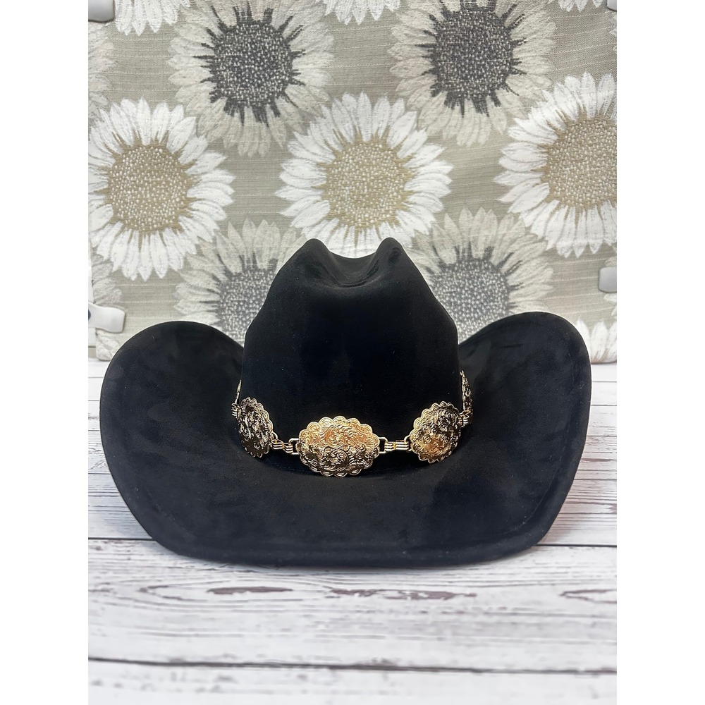 ILLUMA Black Felt Cowboy Hat with Gold Floral Concho Chain Band Western Boho